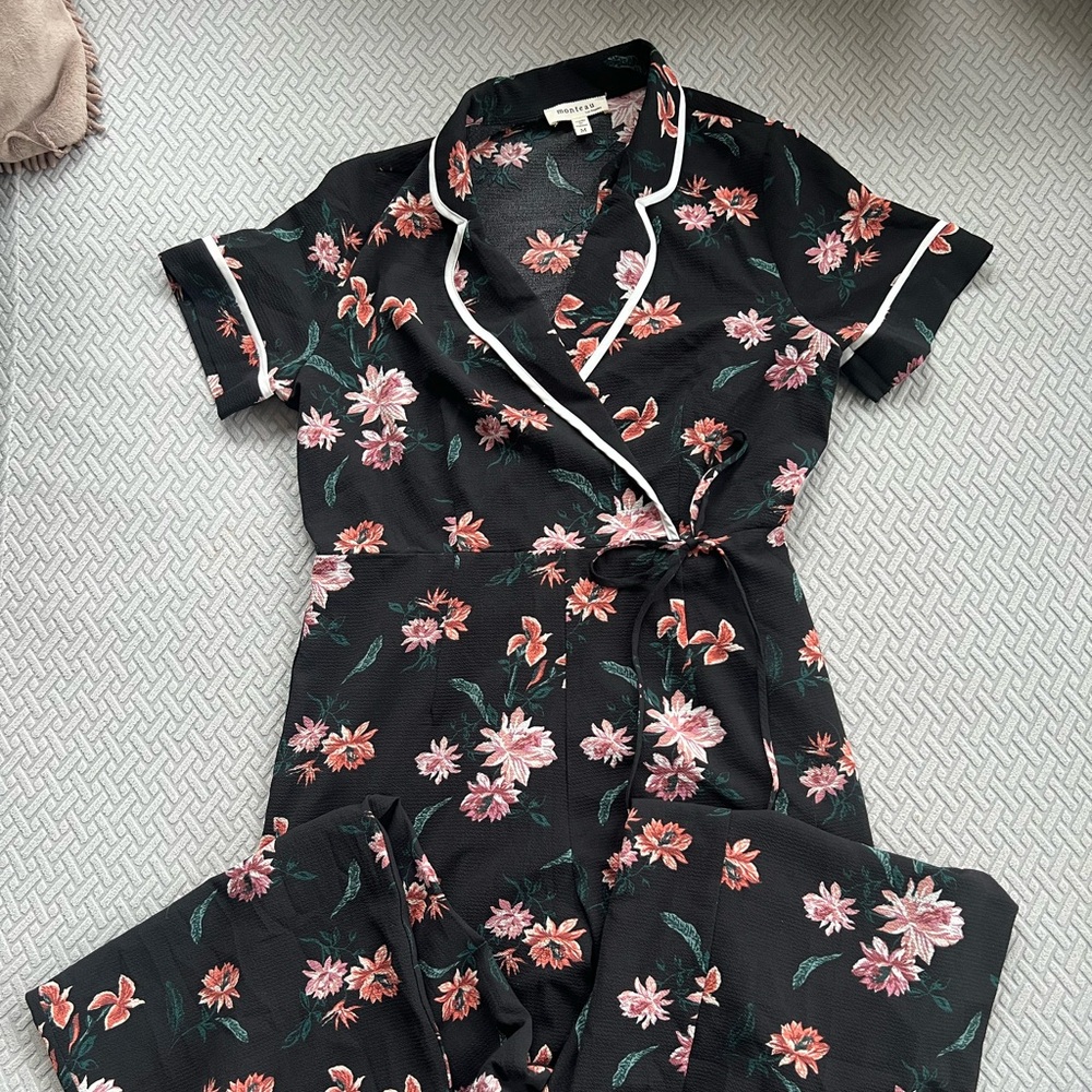 Black and Pink Floral Jumpsuit with Collared Neckline